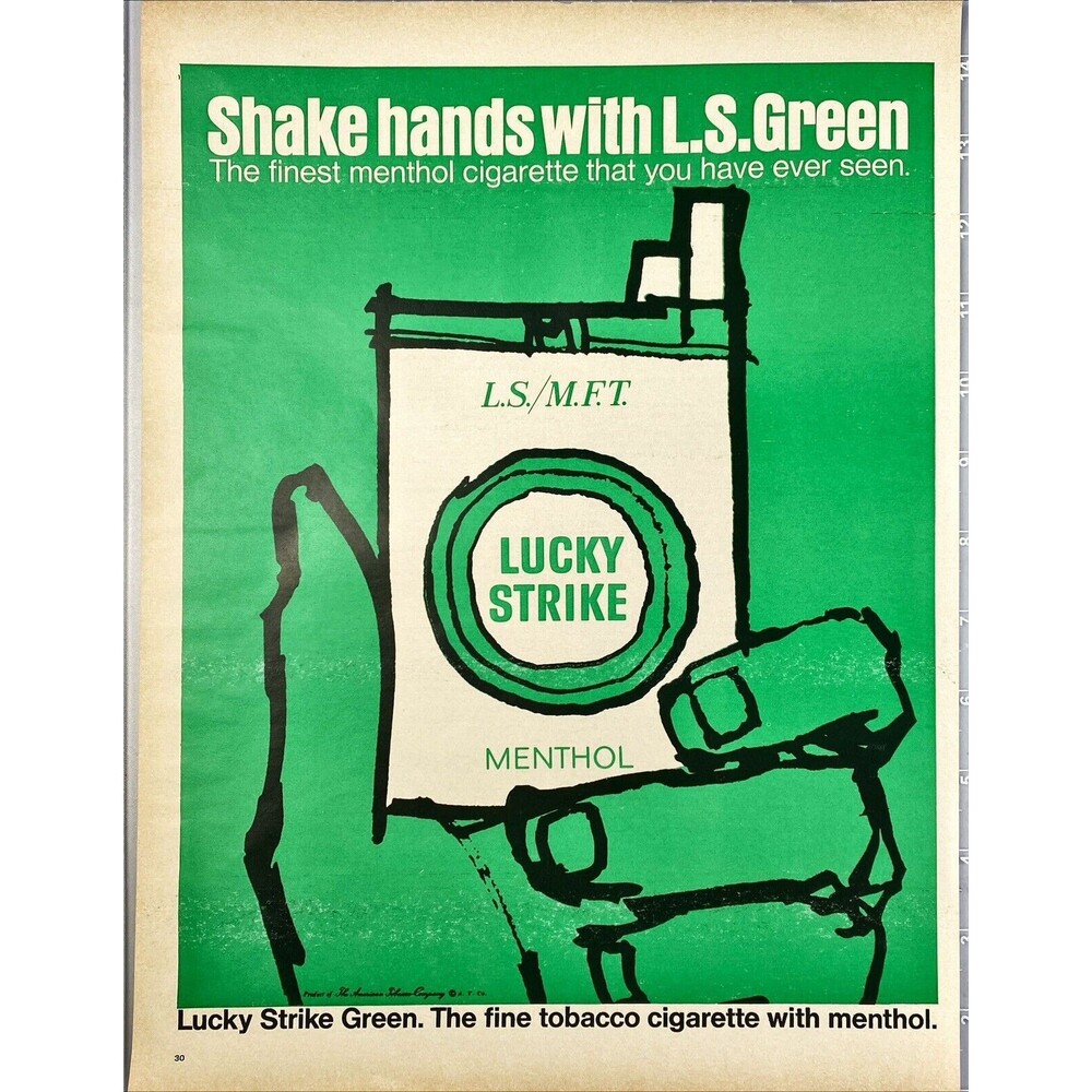 Lucky Strike Green Cigarettes "Shake Hands with L.S. Green" Vtg Print Ad 1967